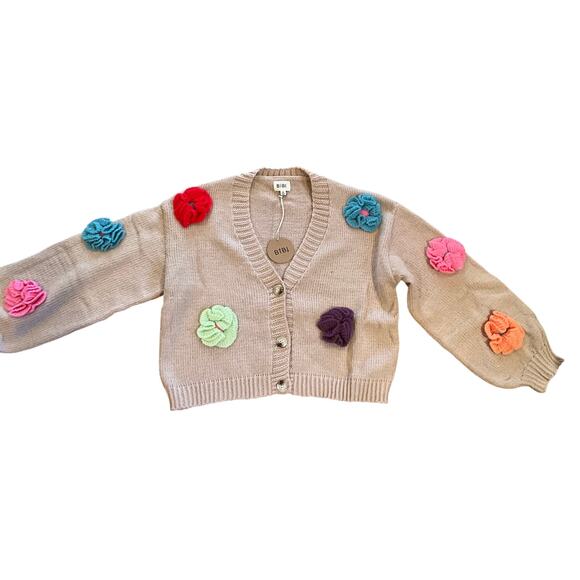 Bibi Floral Knit Cardigan Sweater V-Neck Button Front Beige Womens Size M NWT - Picture 4 of 5